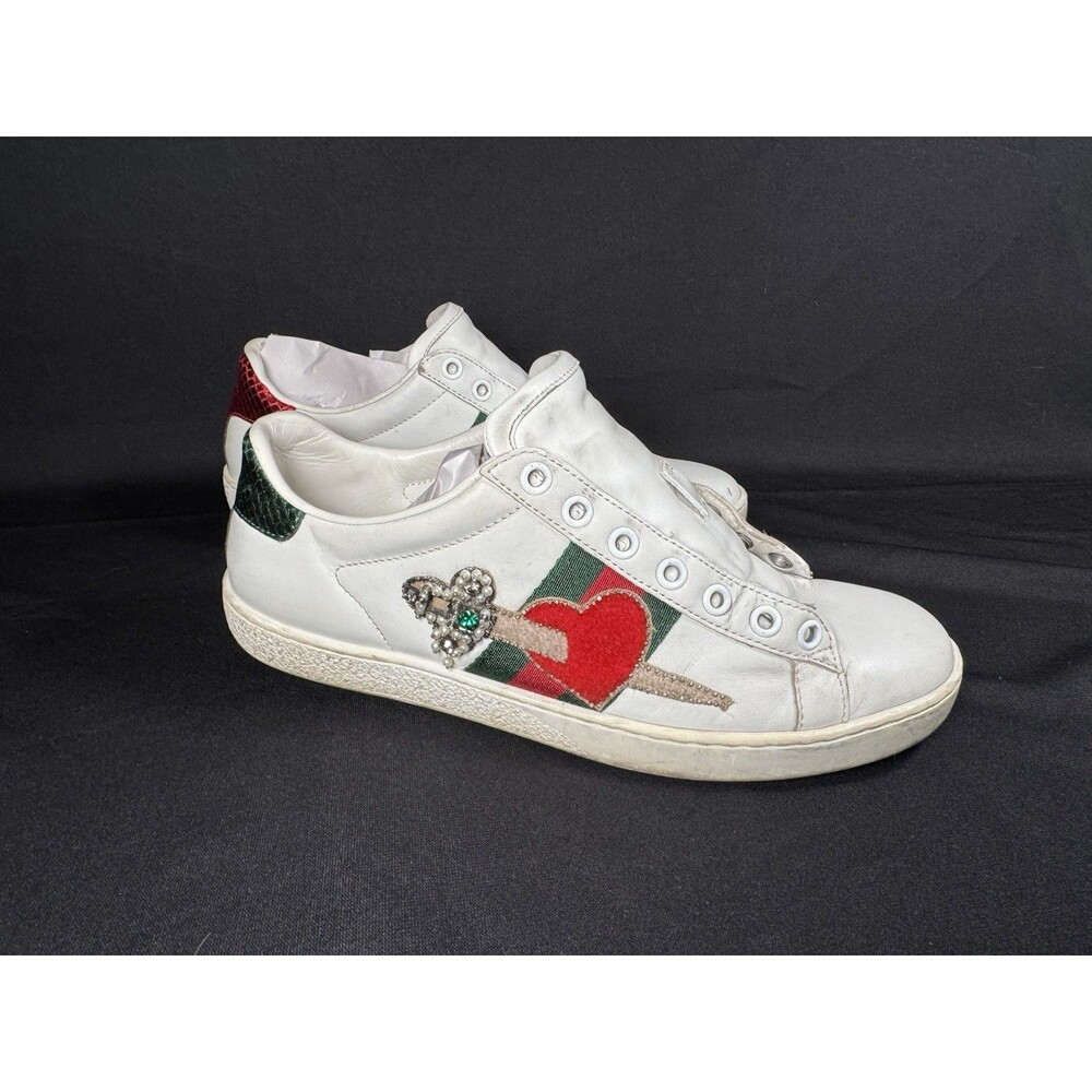 Authentic Gucci Ace Sneakers 36.5 White Sword Heart Stripe 472990 Leather Italy